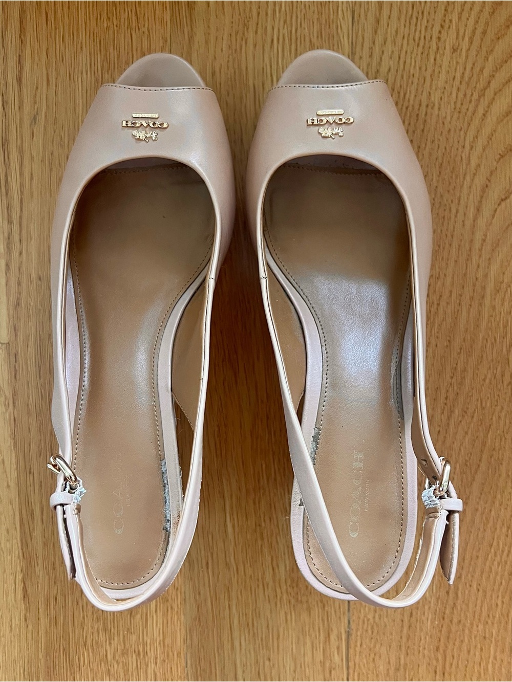 Coach Tan Open-Toe Slingback Wedges with Gold Logo